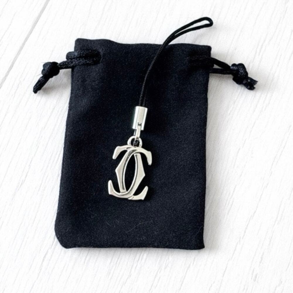 Y2K Cartier 2C Logo Phone Bag Charm Keychain Silver Tone Black Strap Rare NEW